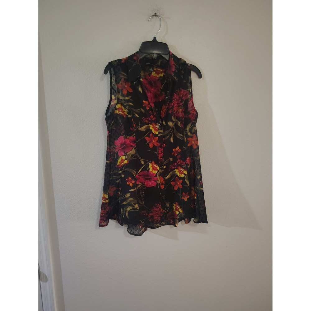 Roz & Ali Womens XS Black Floral Swiss Dot‎ Sleeveless Button Down Blouse Top